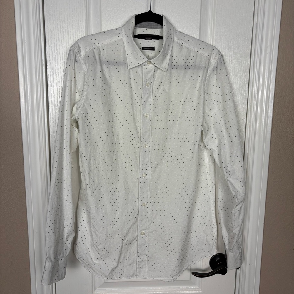Michael Kors Men's White/Grey Polka-Dot Tailored Classic Fit Formal Shirt Size M